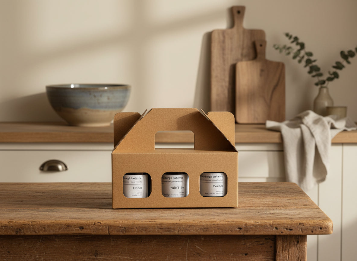 Three small candles in a cardboard carry box on a kitchen table