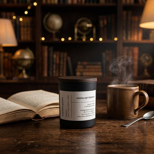 A matte black candle jar with a light brown wood-look lid and a white paper label. The label reads 'aldeburgh botanic' and 'contemplate' with scent text 'honey flower : tobacco : tonka'.
