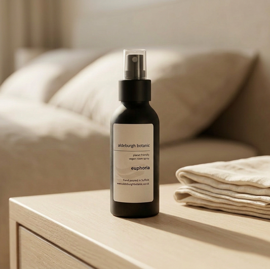 Room & Linen Spritz lifestyle image with a matt black bottle and spray lid